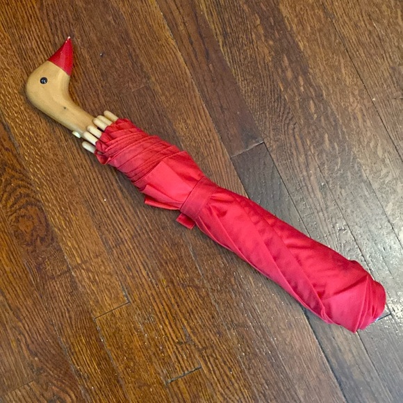 Vintage Raines Premier Wood Duck Handle Push Button Umbrella Red - Picture 4 of 13